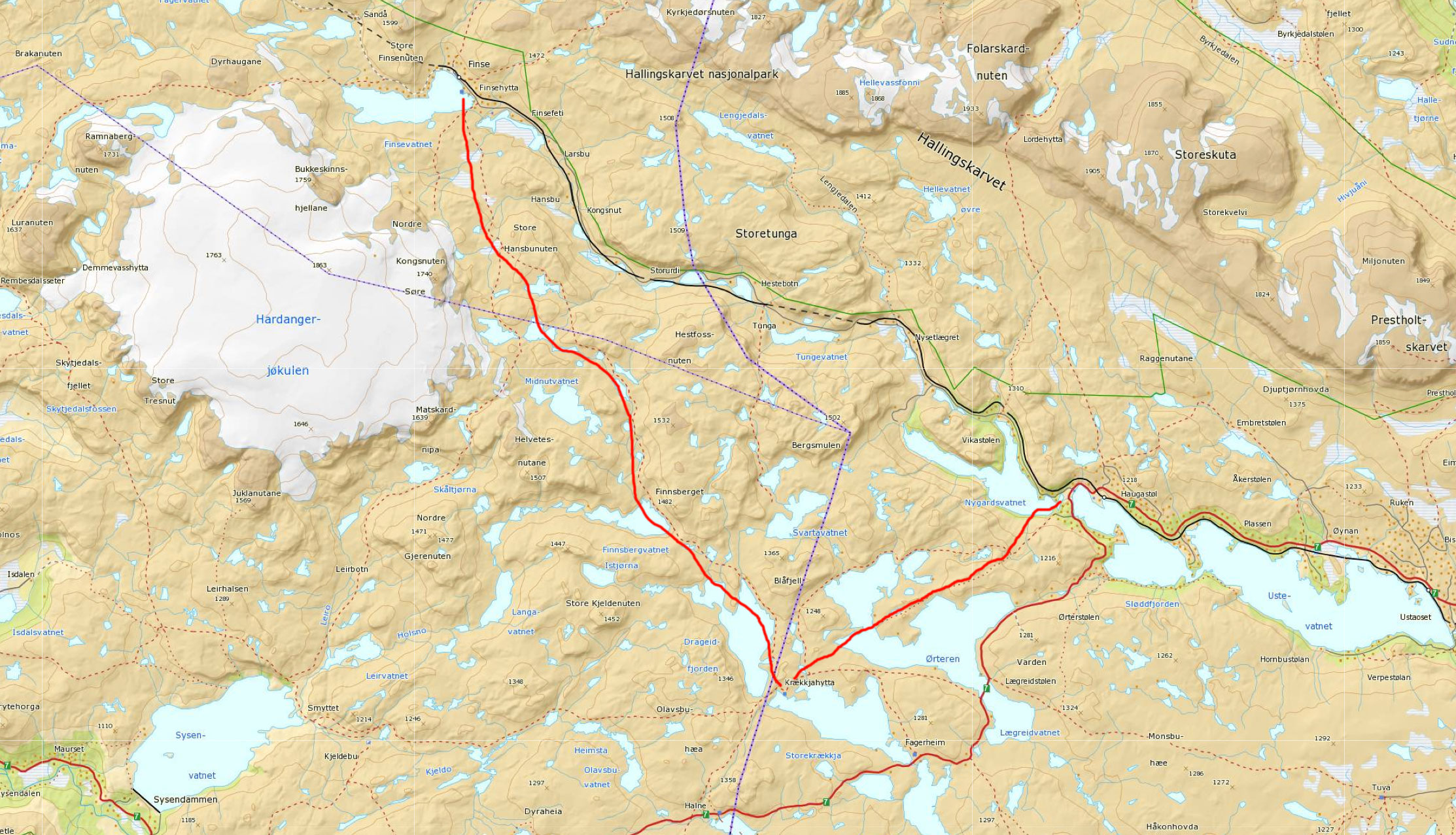 Kart for skitur over Hardangervidda fra Finse via Krækkja til Haugastøl